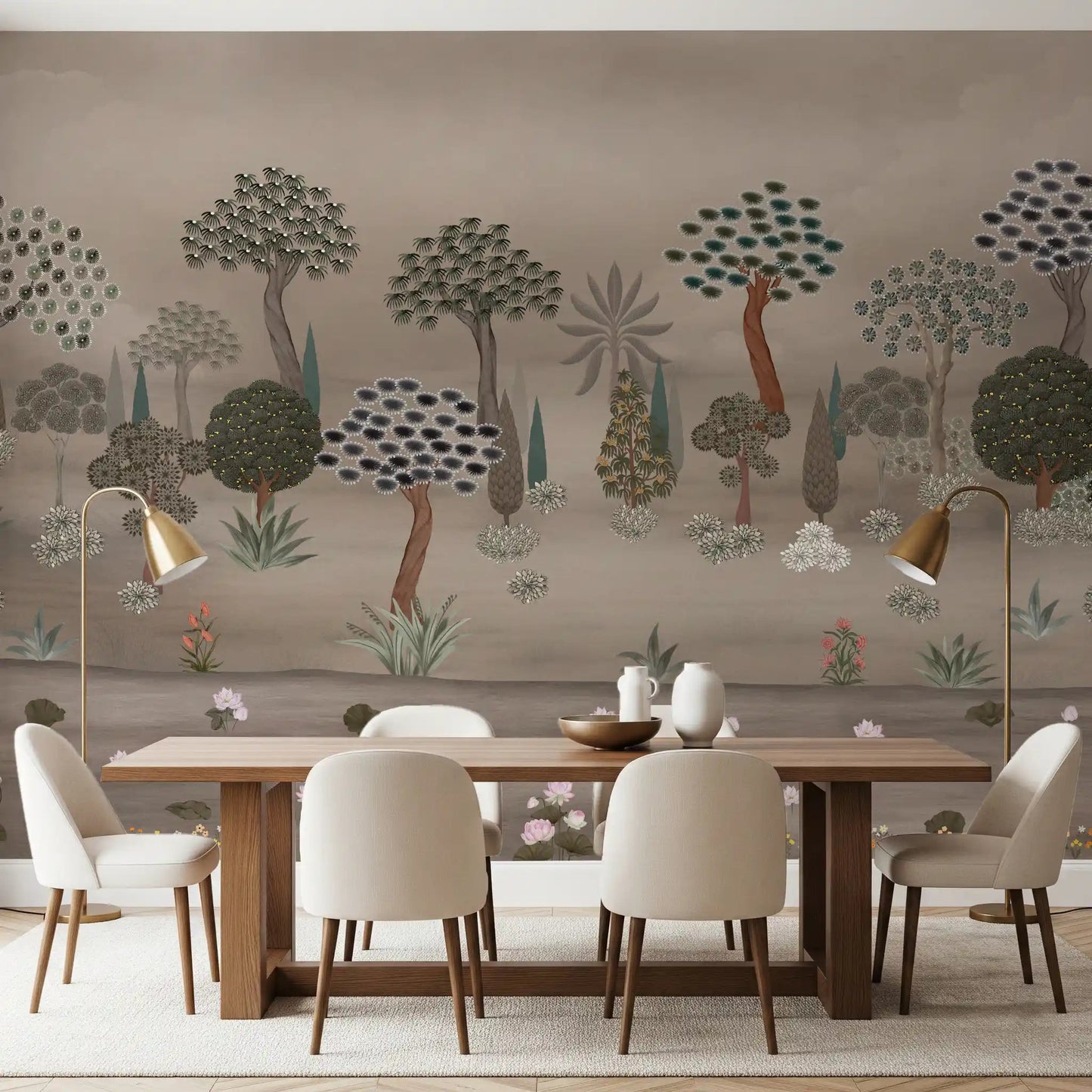 Scenic botanical wall mural with muted foliage and natural tones