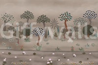 Soft eastern landscape wall mural with trees and ground florals