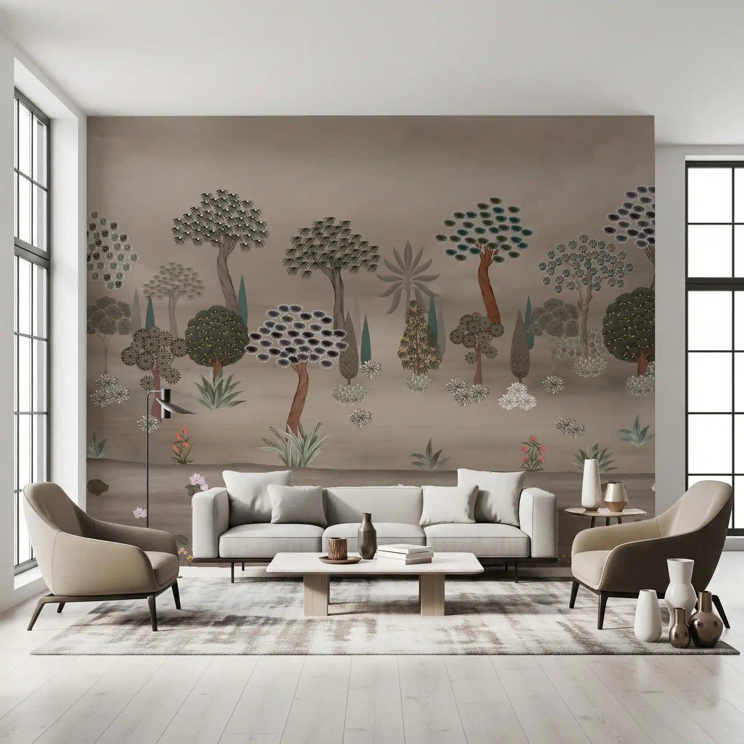 Subtle Eastern Garden wall mural showing decorative woodland forms