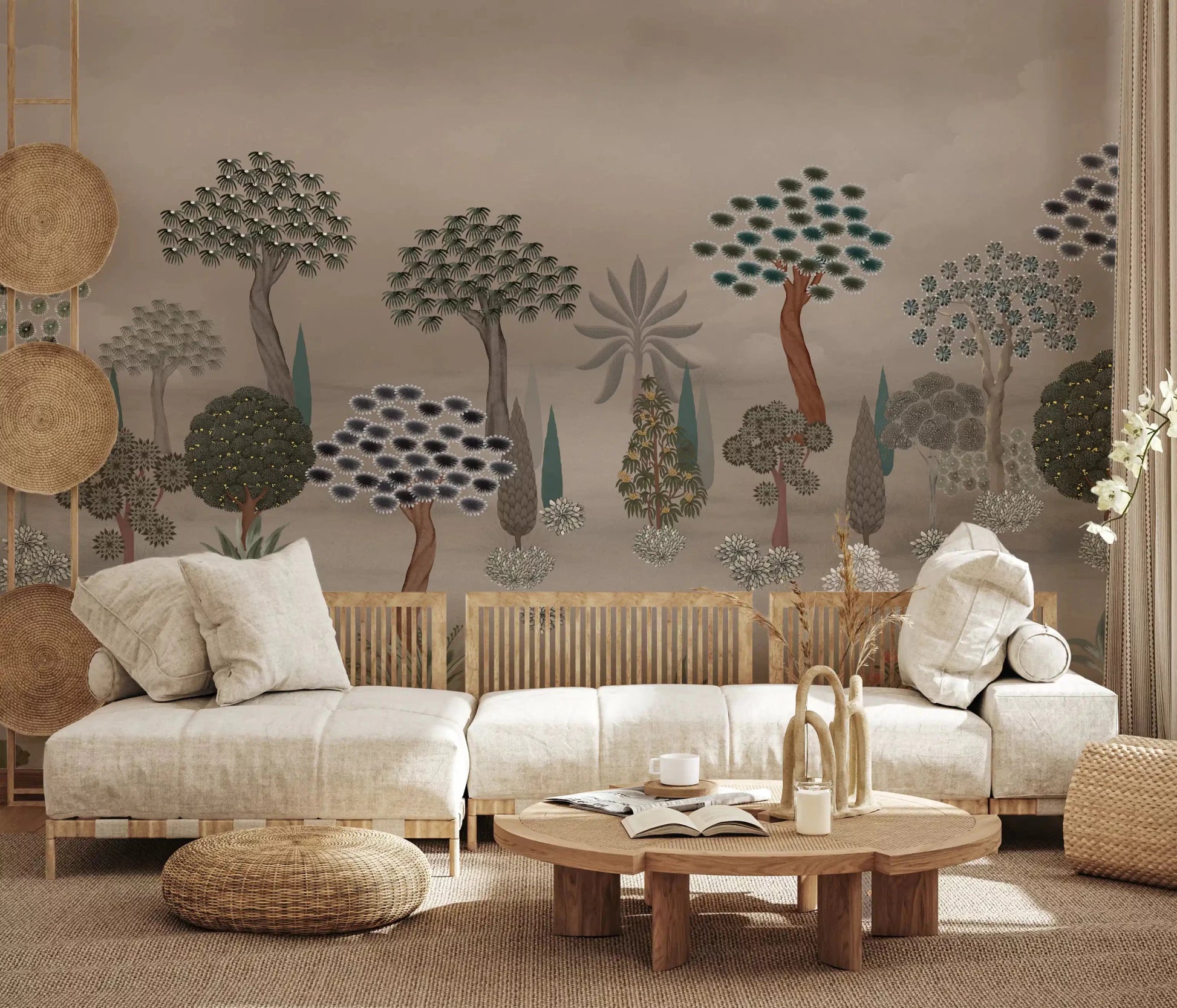 Eastern garden landscape wall mural in soft taupe and sage tones