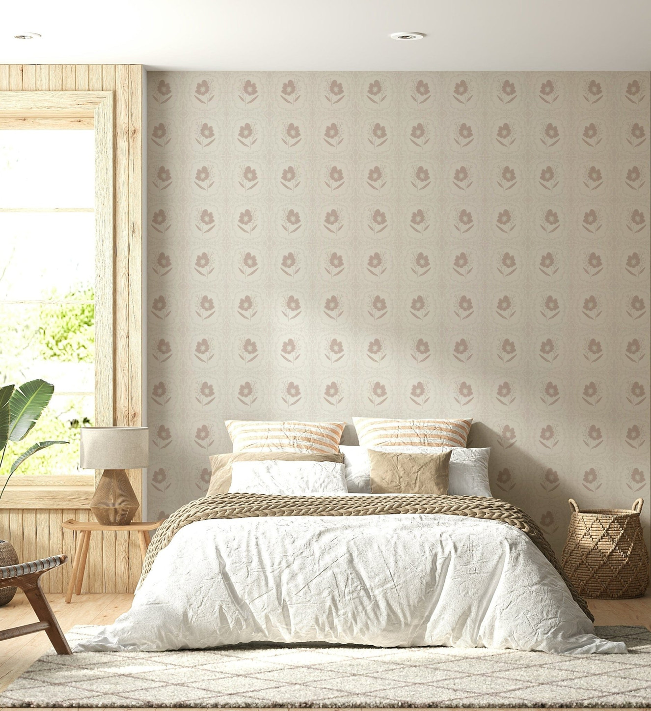 A soothing wallpaper with faint floral motifs adding a touch of quiet elegance.