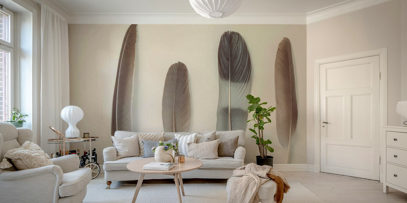A wall mural of an artistic feather arrangement.


