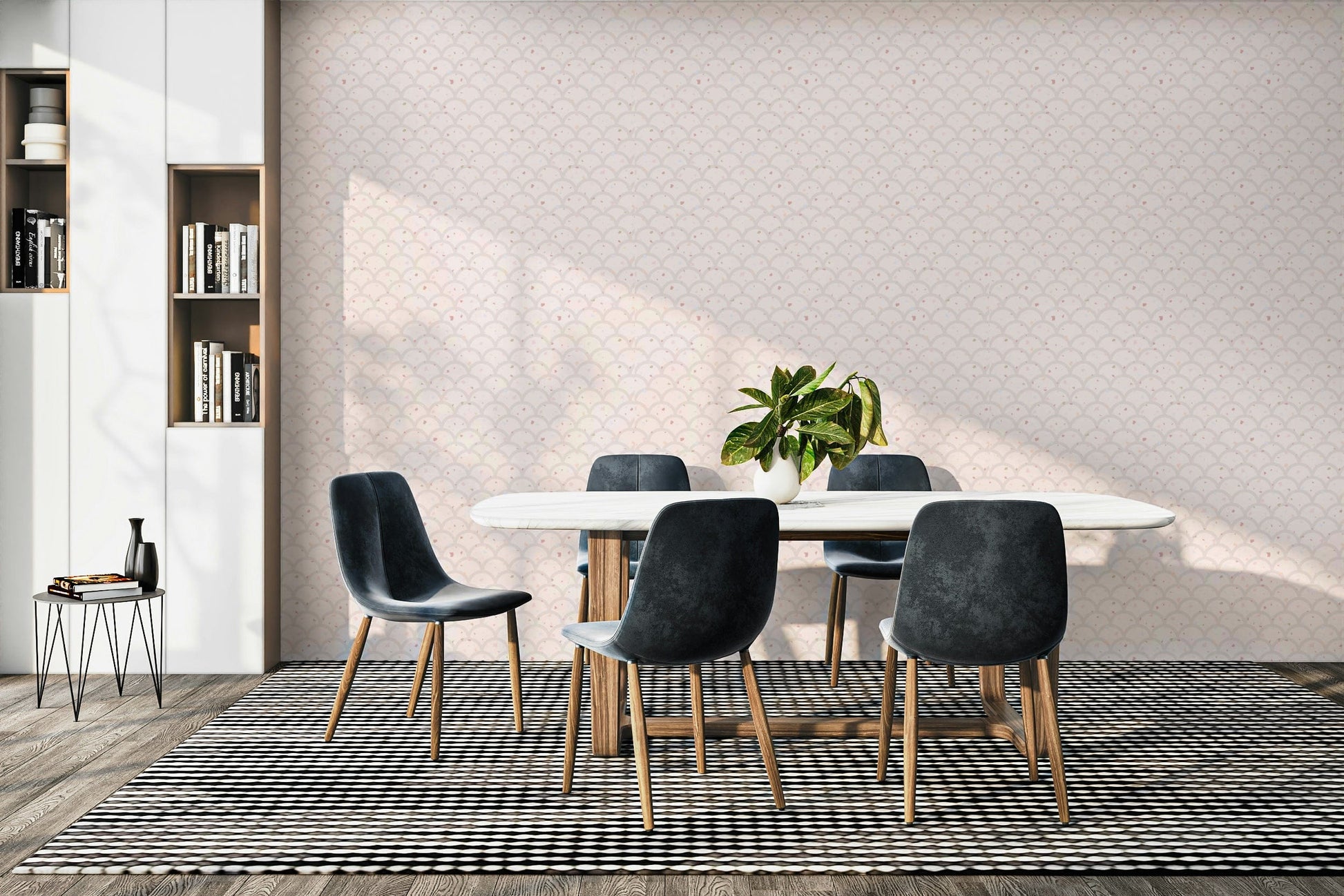 Elegant gray scallop scales used as a feature wall in a bright contemporary living room.