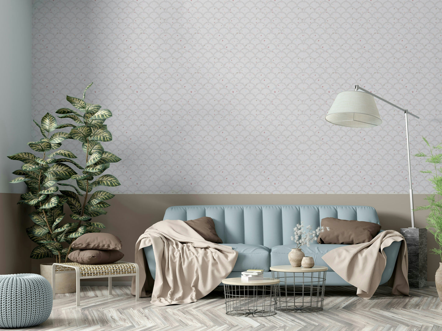 Subtle Scallops Wallpaper in light blue paired with white wainscoting for a classic look.