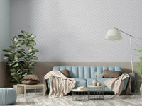 Subtle Scallops Wallpaper in light blue paired with white wainscoting for a classic look.