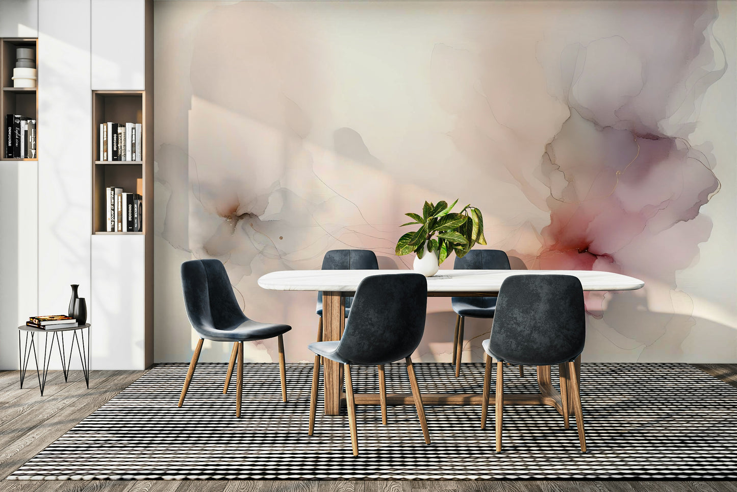 Neutral blush tones in a scalloped design for a modern and clean kitchen area.