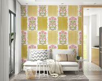 Floral stripe wallpaper in soft pastel tones

