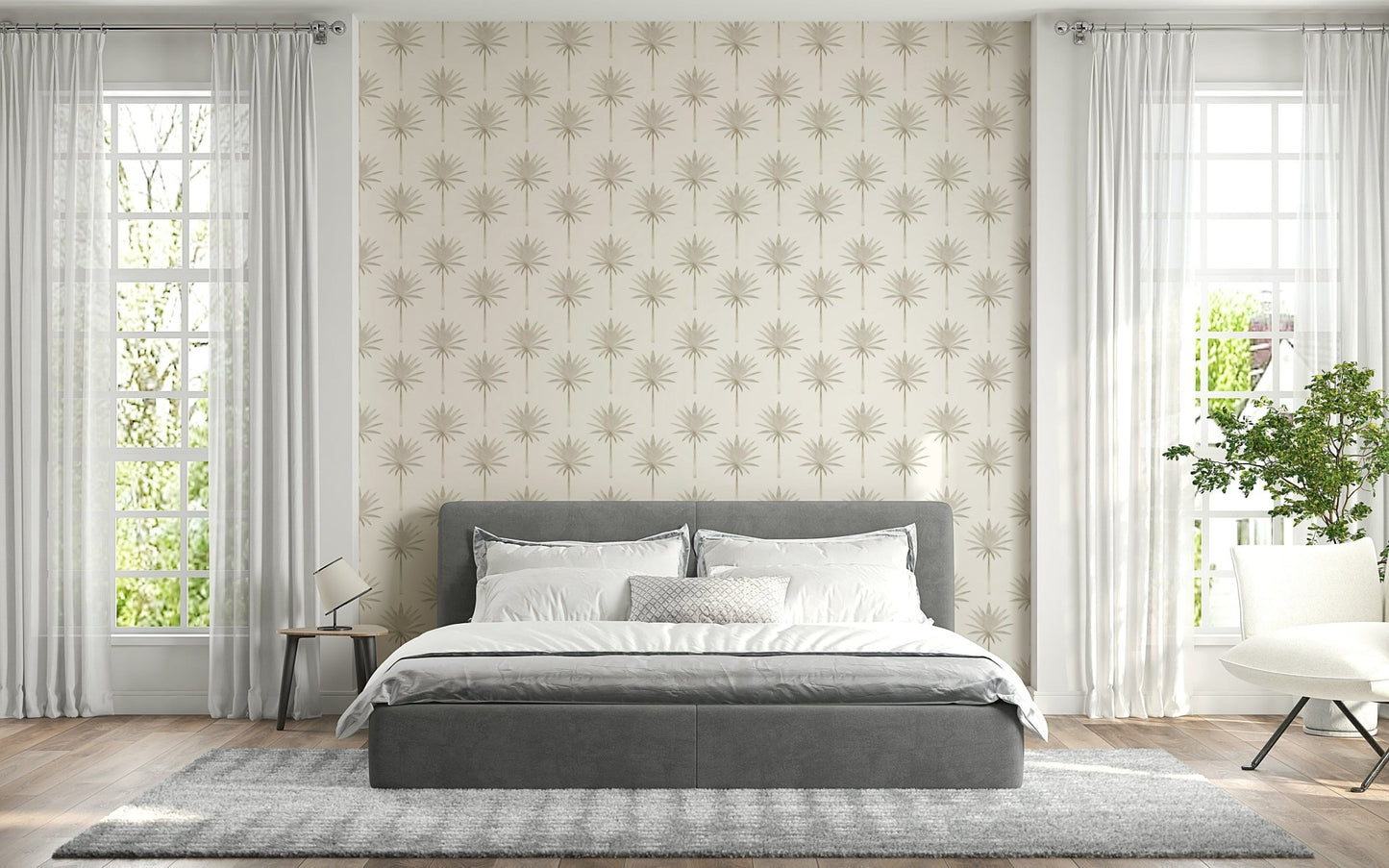 A calming wallpaper with subtle tropical palm patterns perfect for modern, serene interiors.
