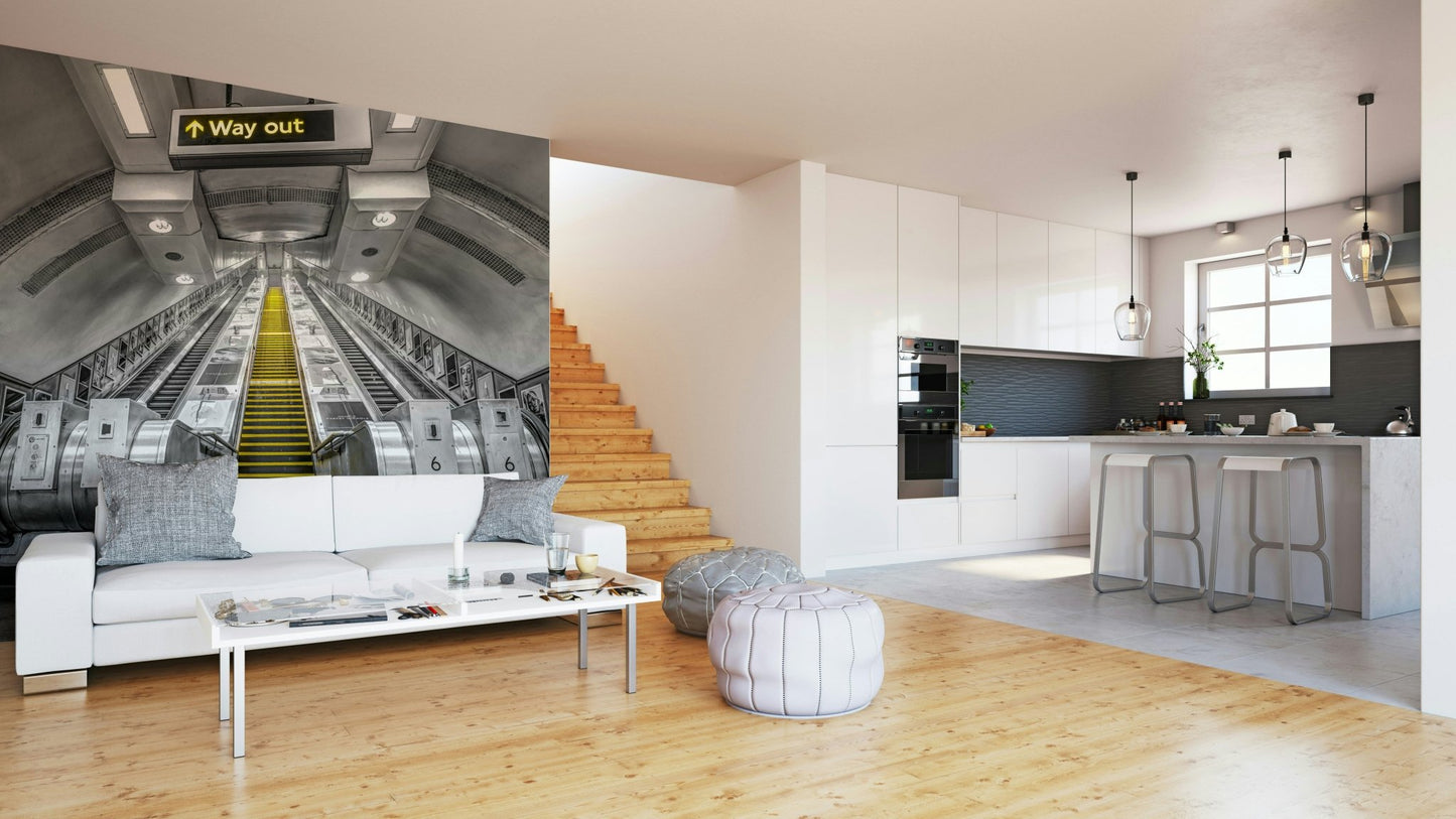 Stylish subway escalator mural with ‘Way Out’ sign

