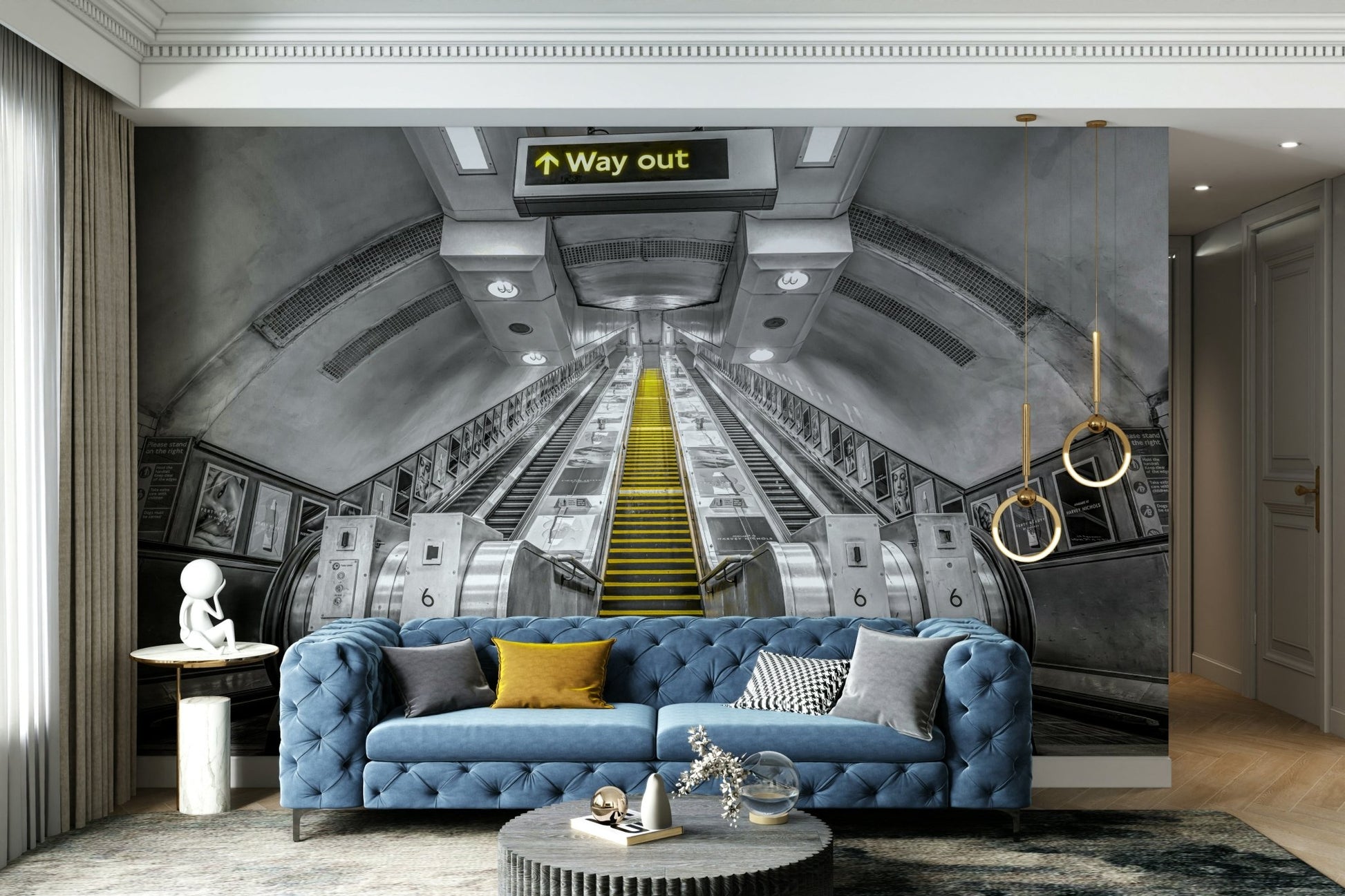Subway escalator wall art with ‘Way Out’ sign

