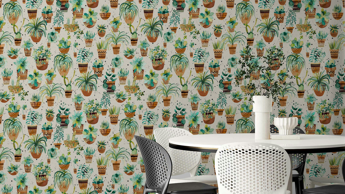 Succulent Home Pots Plants Wallpaper with lush succulents in various pots.

