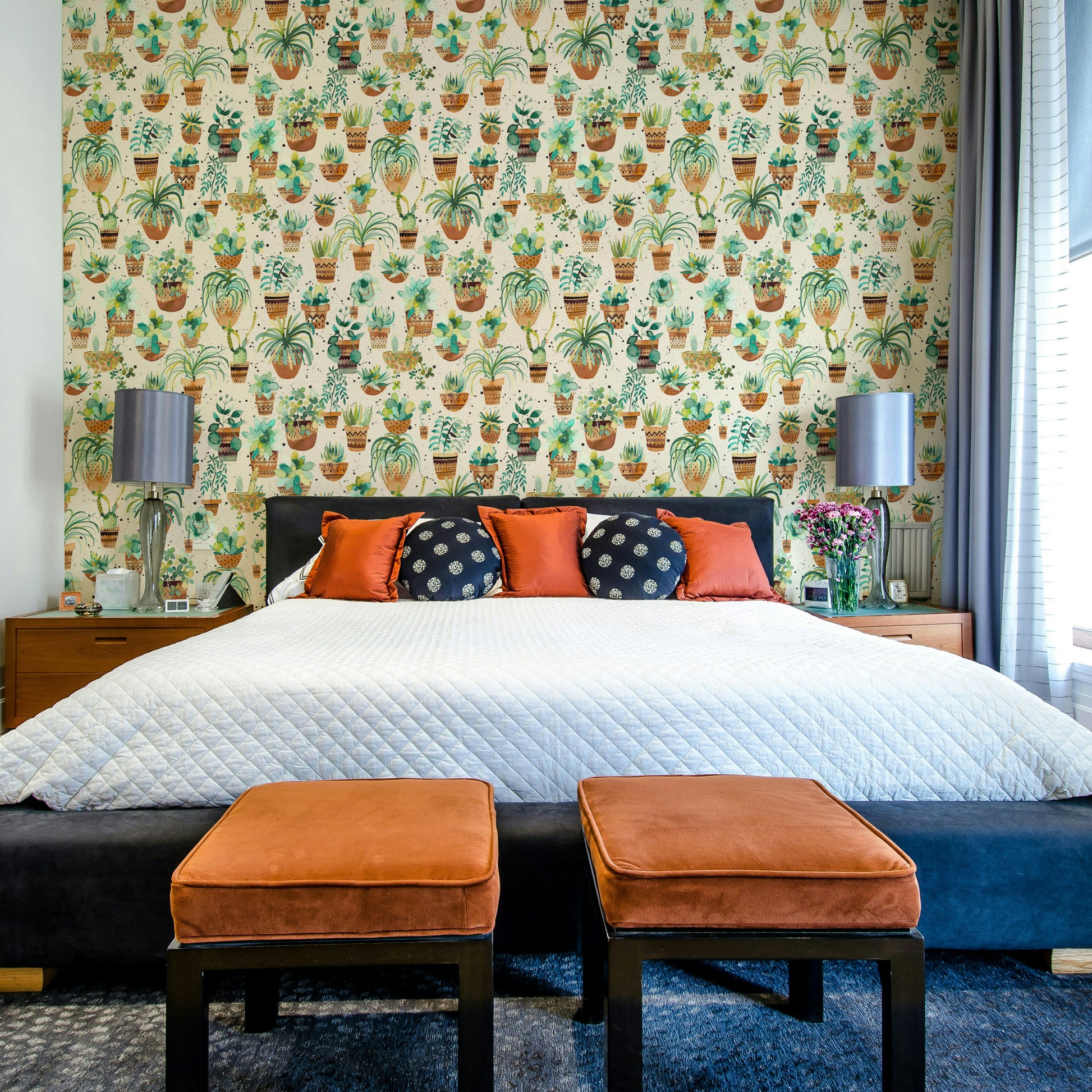 Succulent-themed wallpaper with modern pots and fresh green plants.

