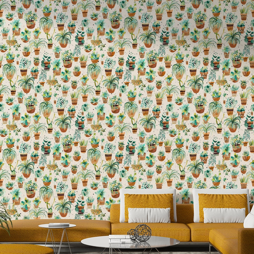 Calming mural with succulents and greenery in decorative pots.


