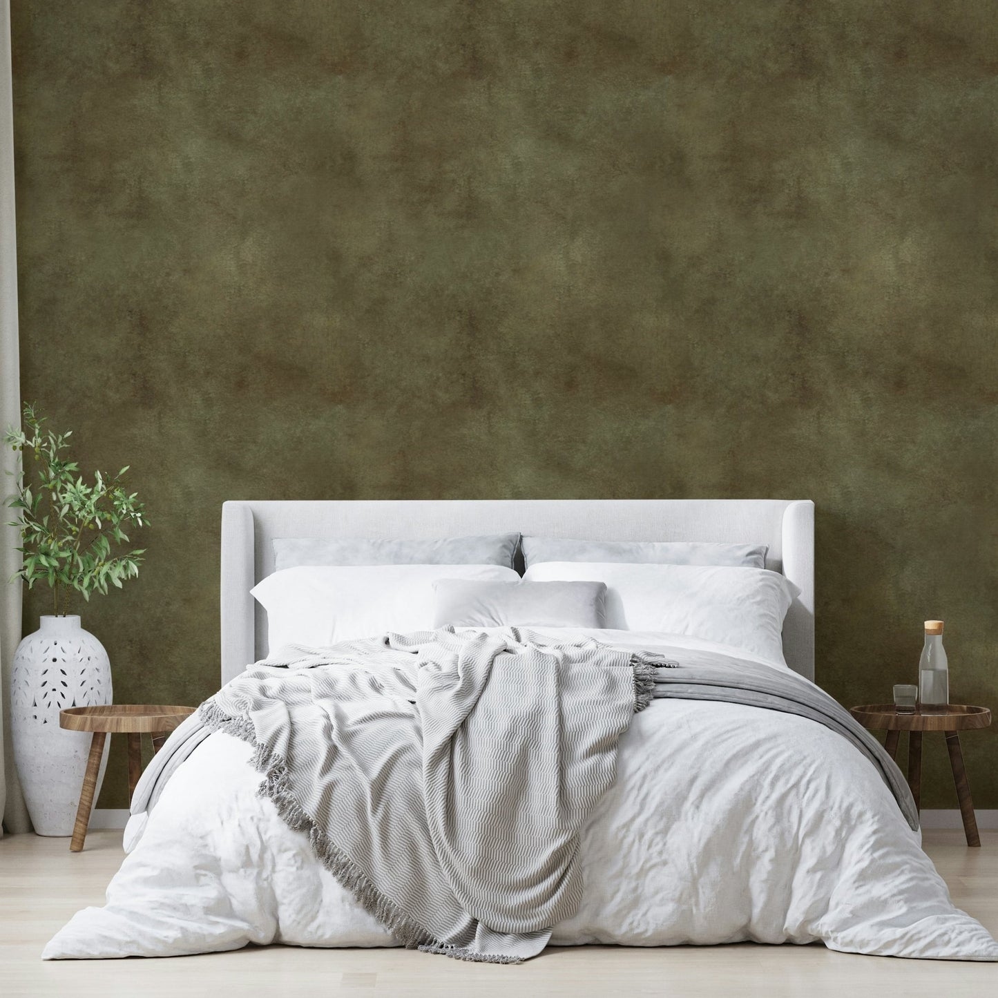 Olive-toned wall mural with soft suede finish

