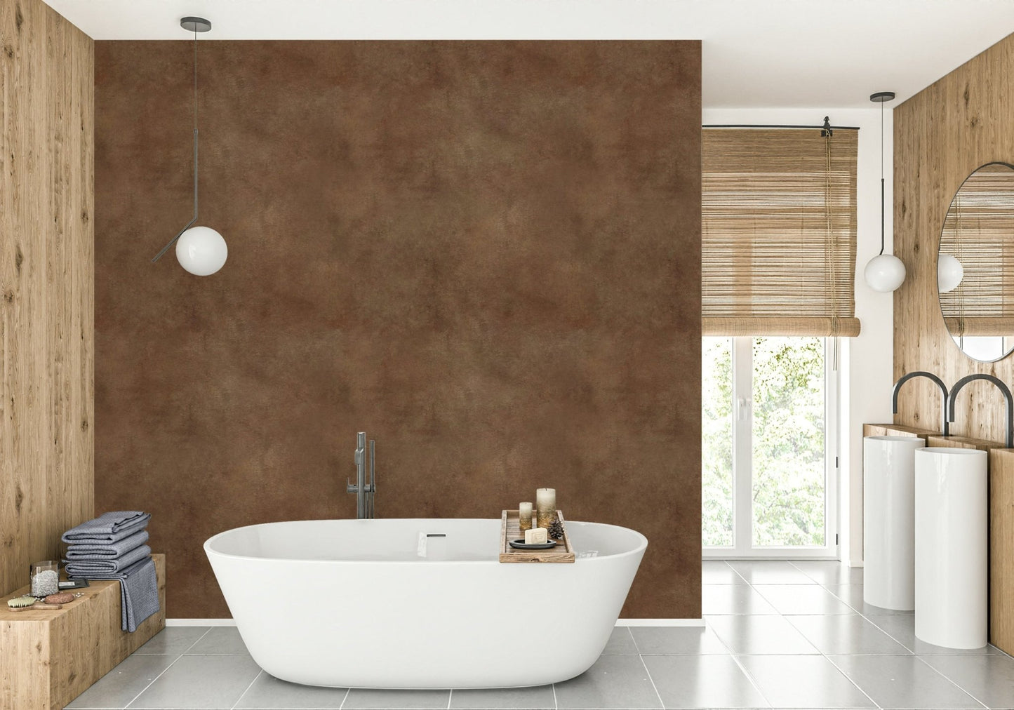 Sable-toned wall mural with suede effect detail

