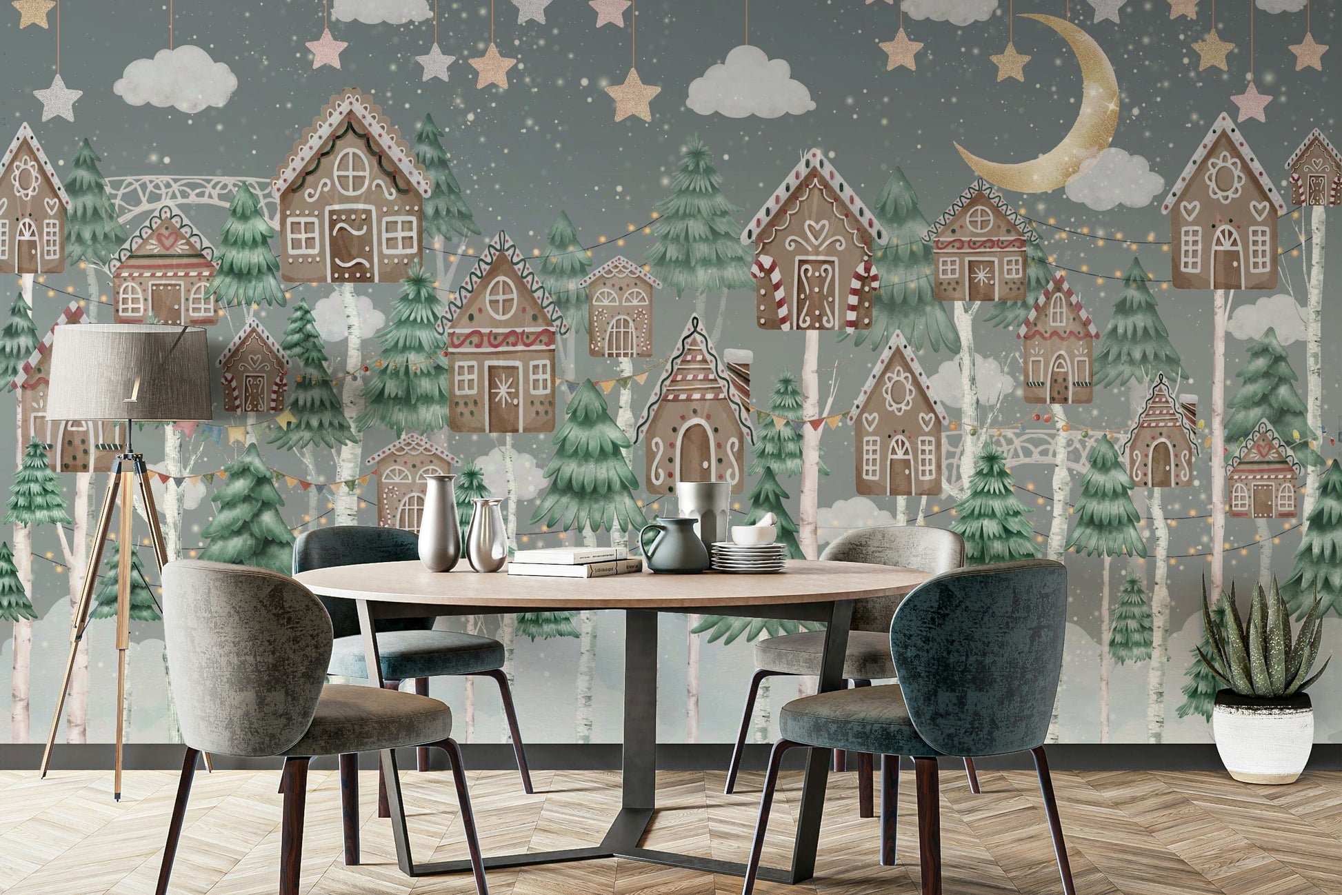A peaceful wall mural with a whimsical, magical forest scene.

