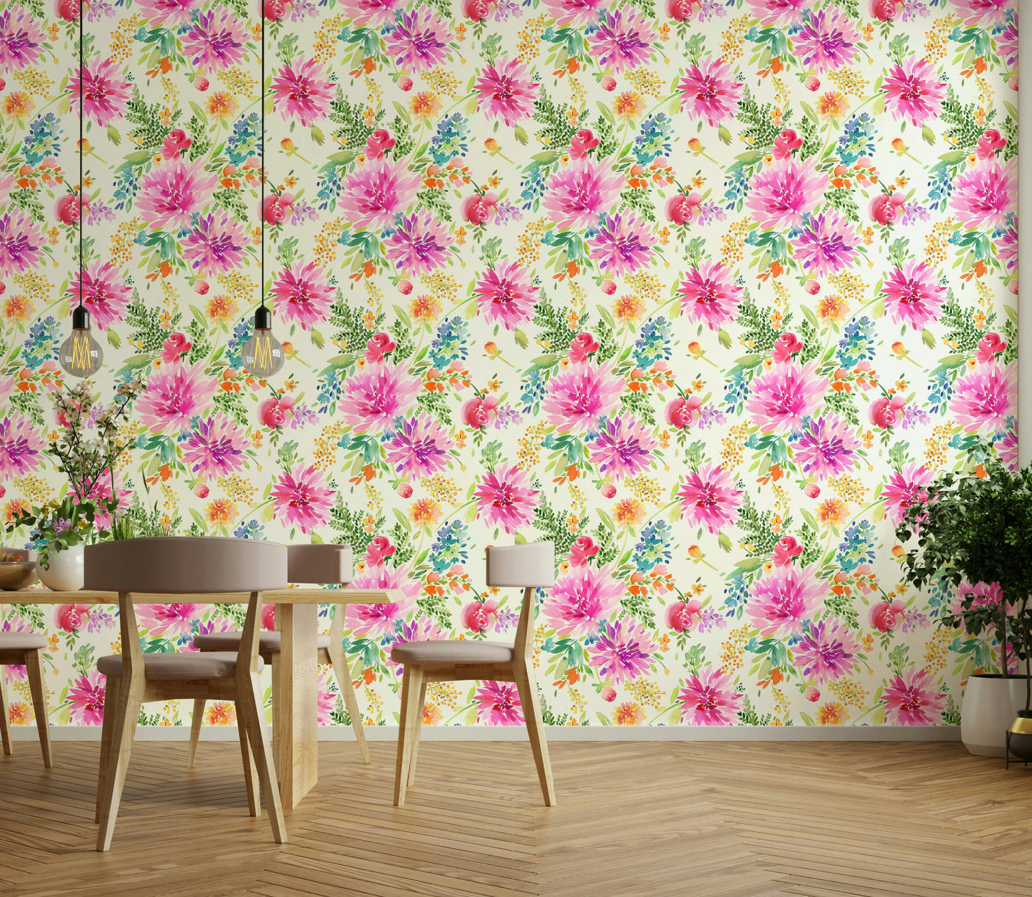 Cheerful floral wallpaper with dahlia motifs

