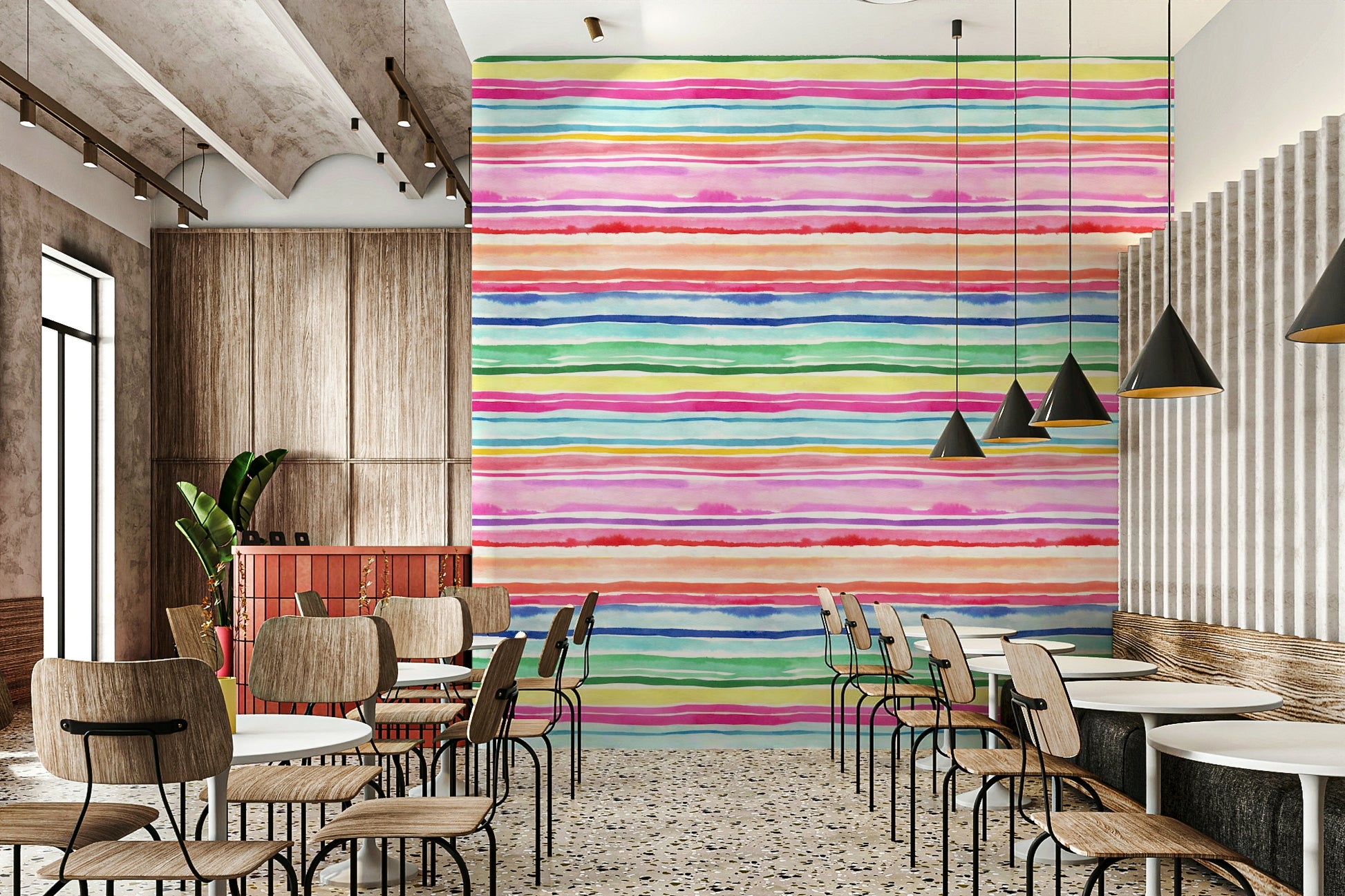 Wallpaper with multi-colored stripes in coral, turquoise, and soft pastels.

