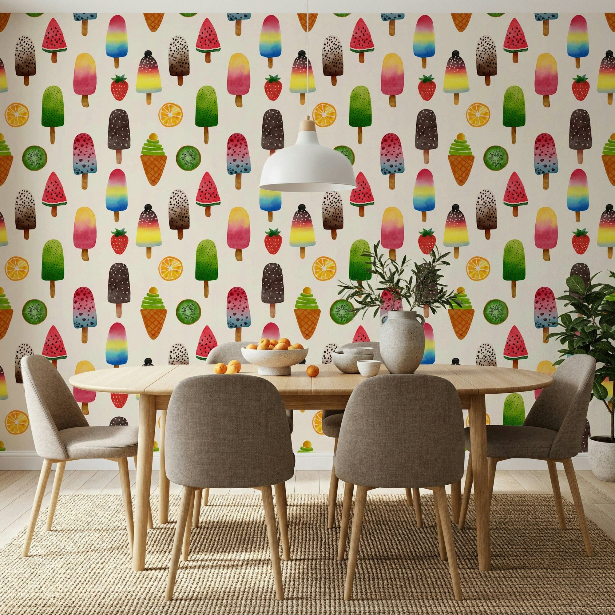 Summer Ice Pops wallpaper with colorful popsicles and fruit in a dining room with a wood table and taupe chairs