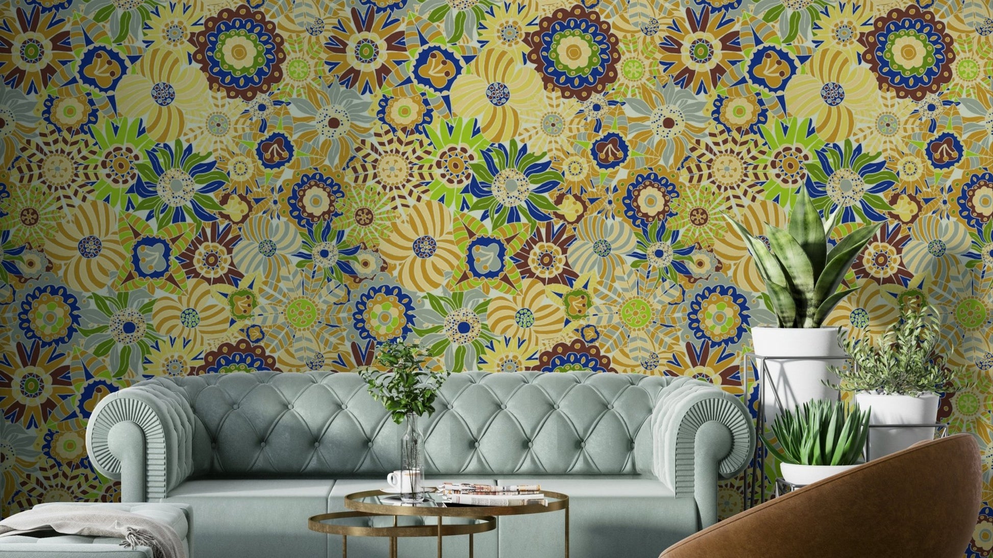 Wallpaper with a whimsical, hand-drawn floral design.

