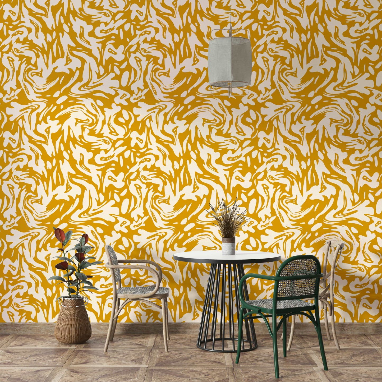 A playroom decorated with swirling wallpaper

