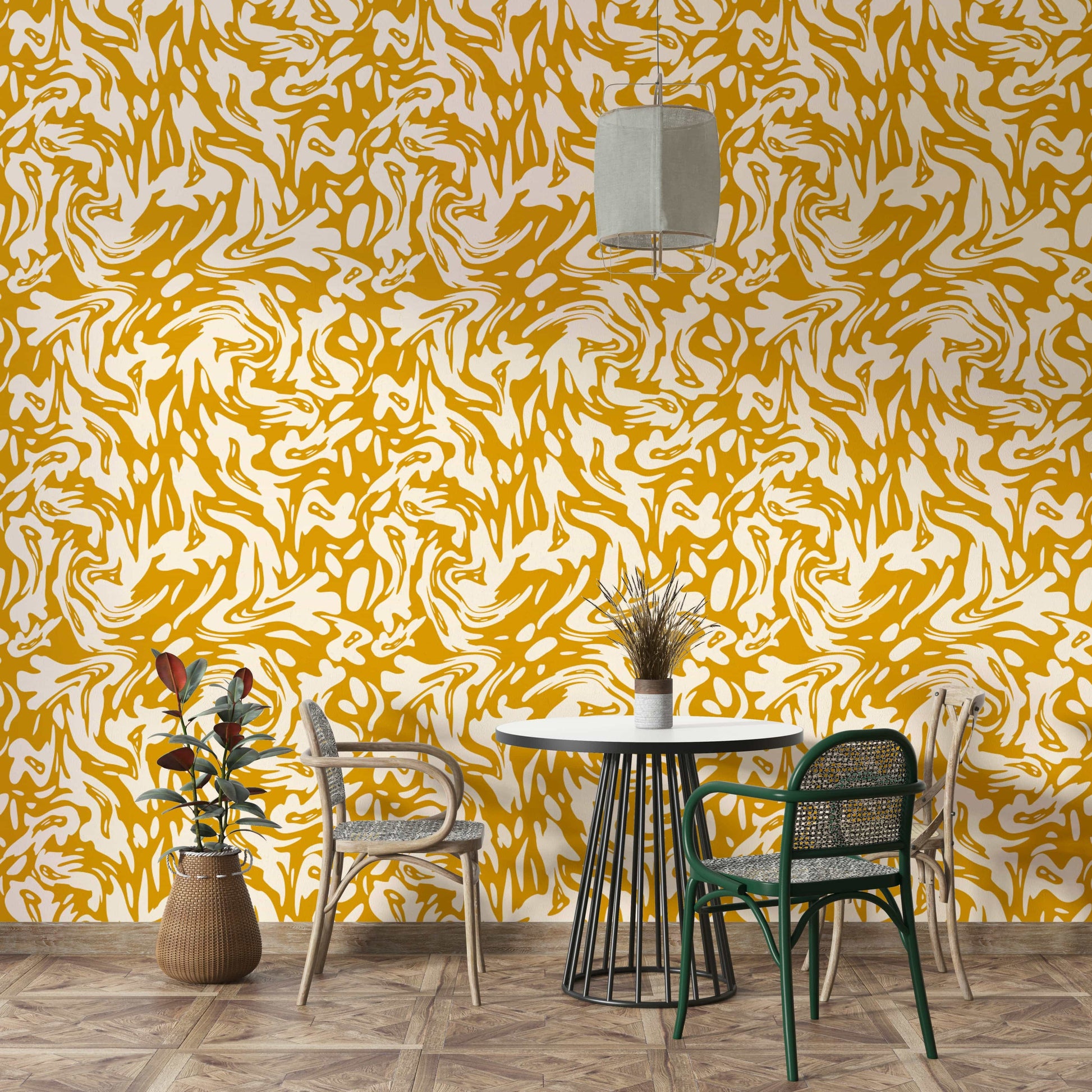 A playroom decorated with swirling wallpaper

