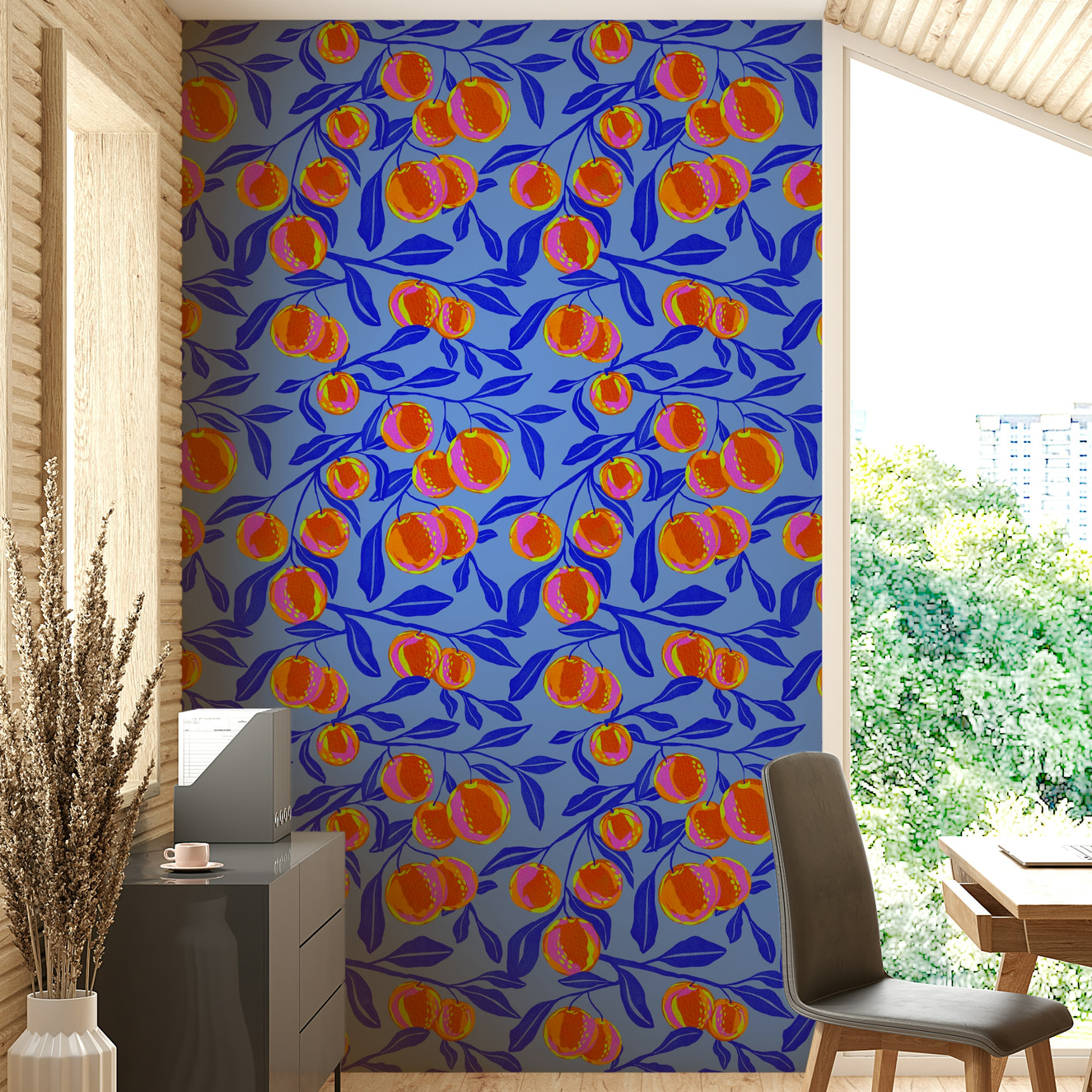 Nature-inspired wallpaper with citrus pattern

