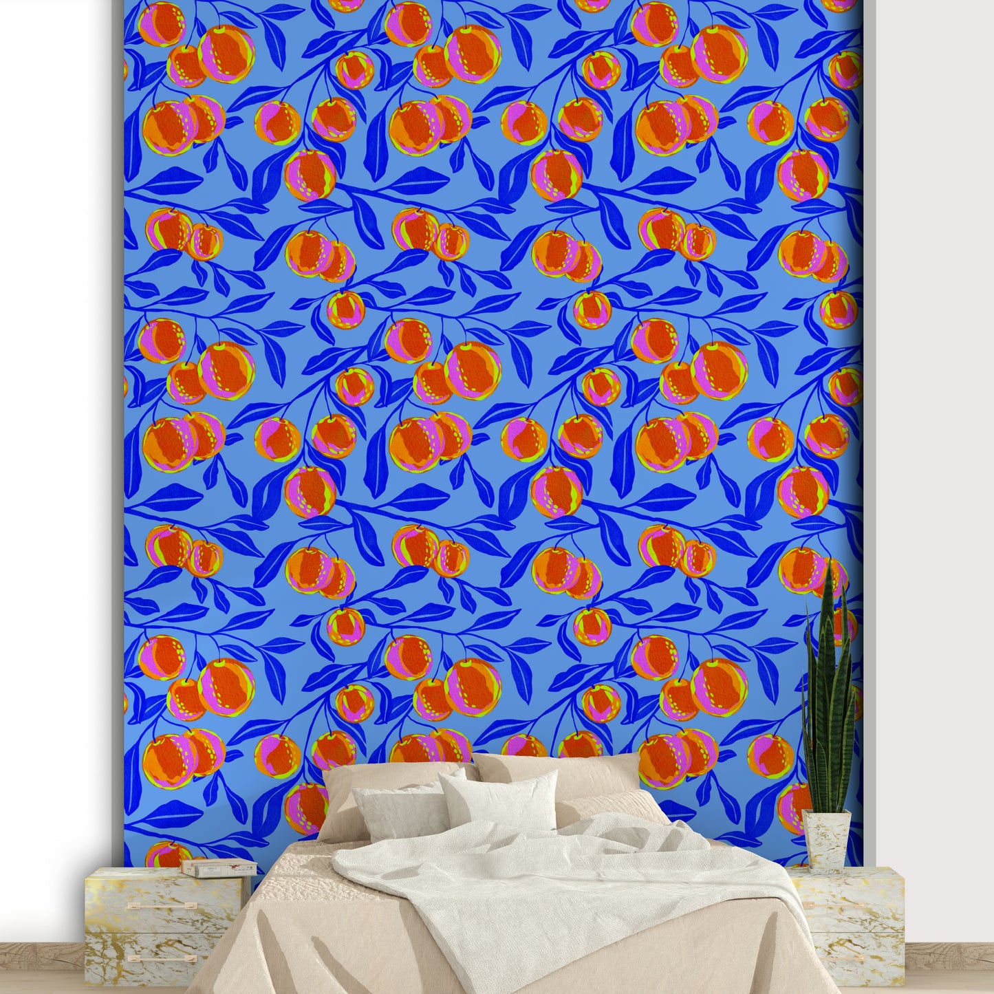 Vibrant citrus mural in warm sunlit tones

