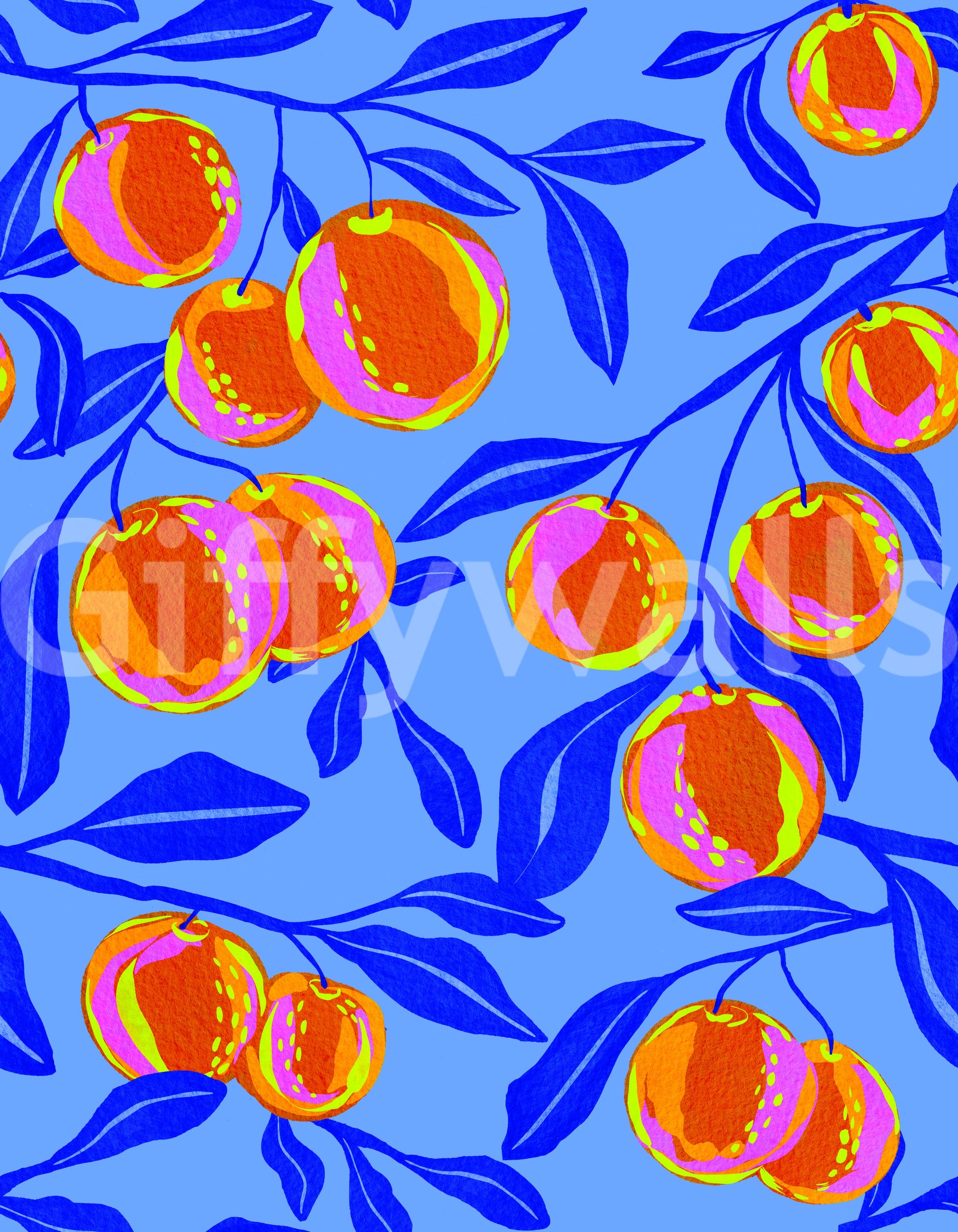 Citrus branch wallpaper in cheerful colors

