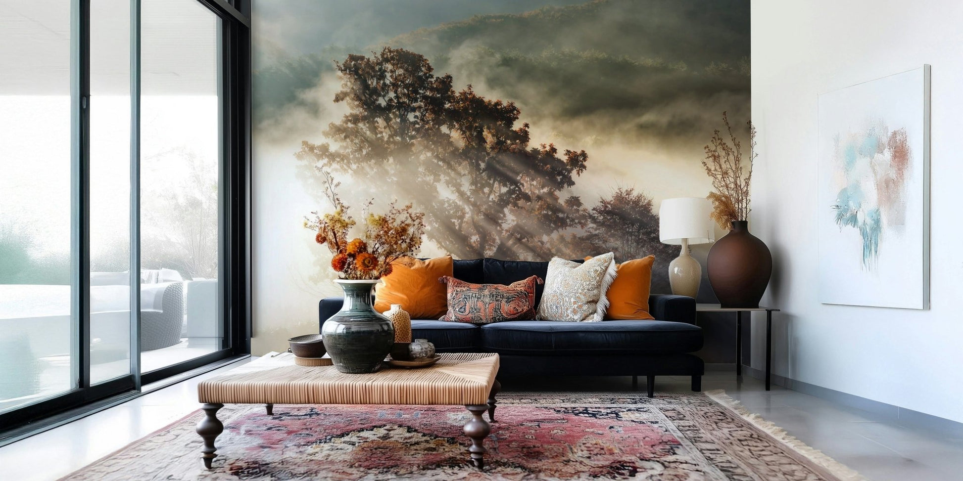 Gorgeous wall mural, outdoor setting, golden rays through trunks.