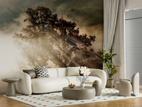 Exquisite Woodland Glory mural, wispy fog, directional sun, emotional.