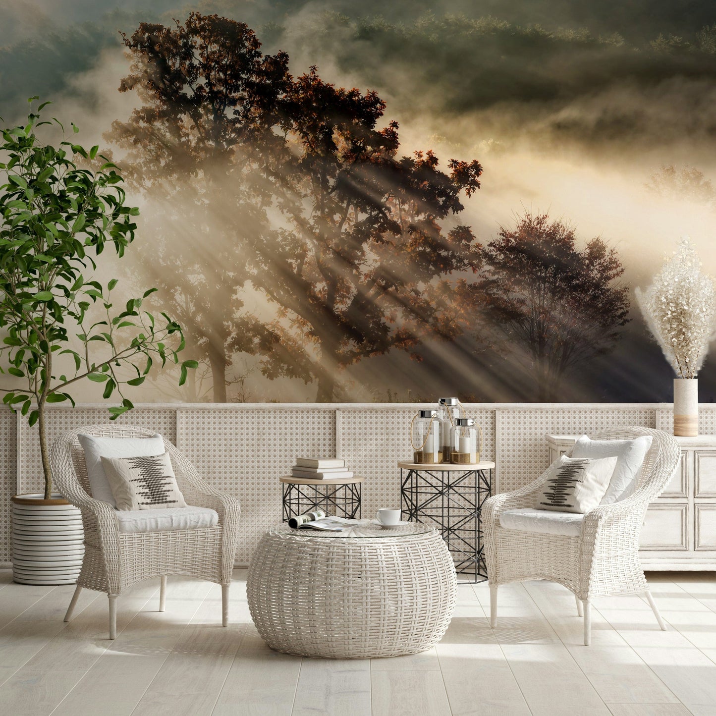 Sunbeam Woodland wall covering, yellow tone, tree outlines, stately feel.