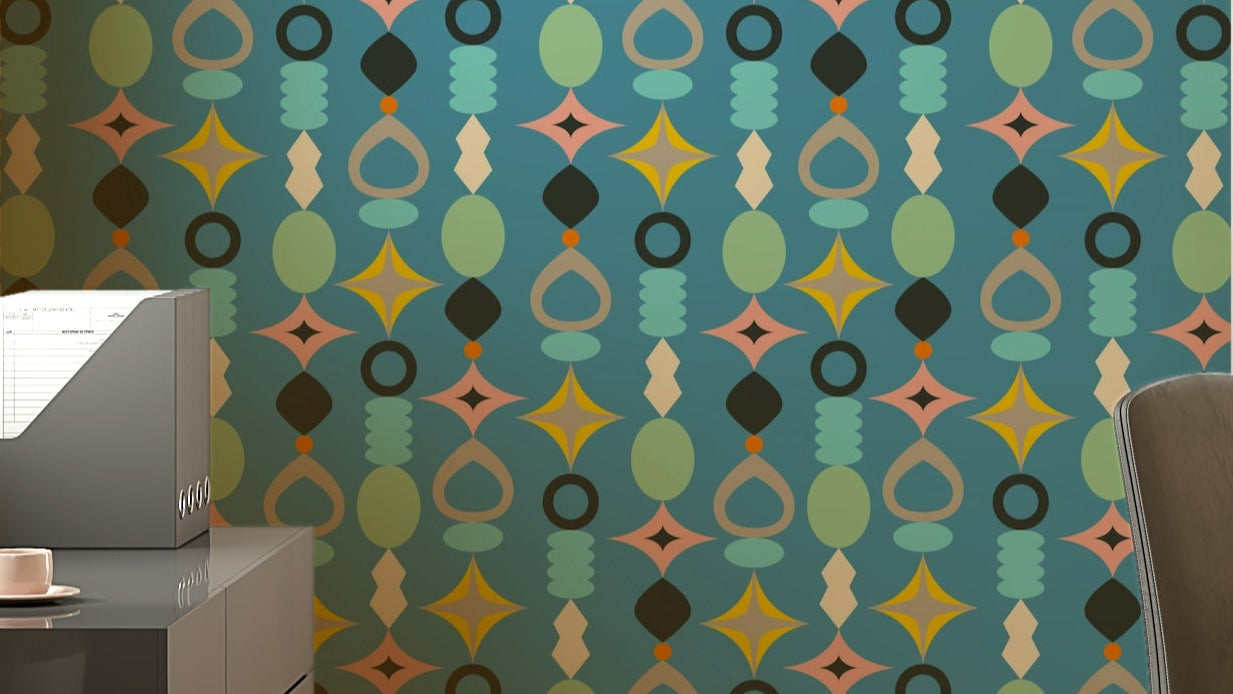 Suncatchers Retro Mid-Century Modern Abstract Shapes on Blue Wallpaper with geometric patterns.

