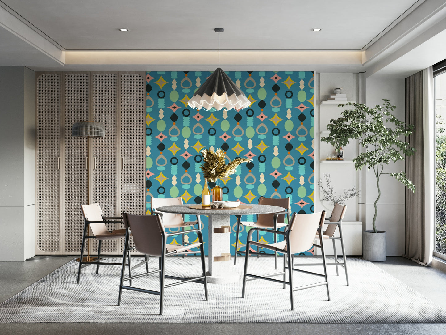 Abstract wallpaper with mid-century modern suncatcher shapes in vibrant tones.

