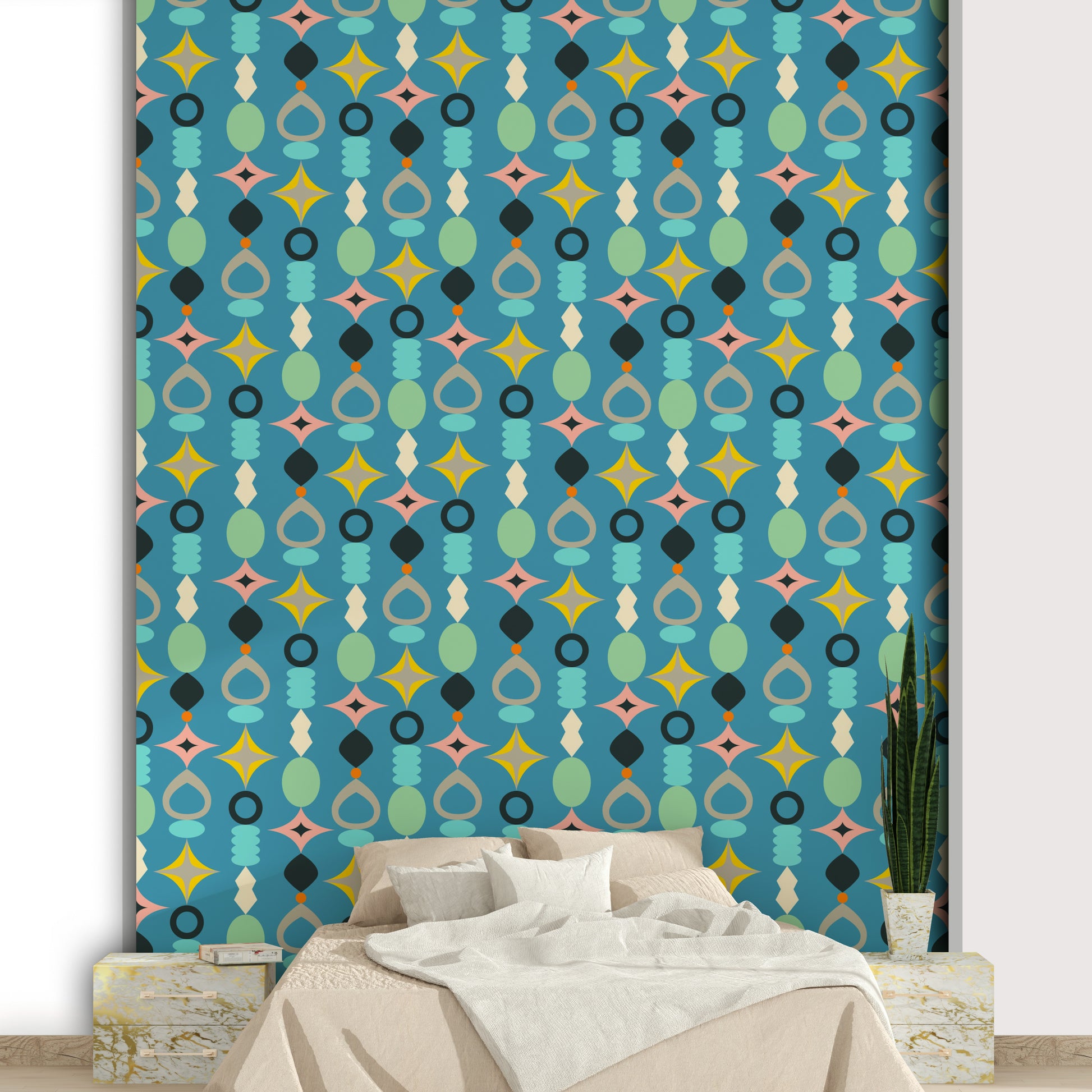 Bold geometric shapes in retro colors on a rich blue backdrop.

