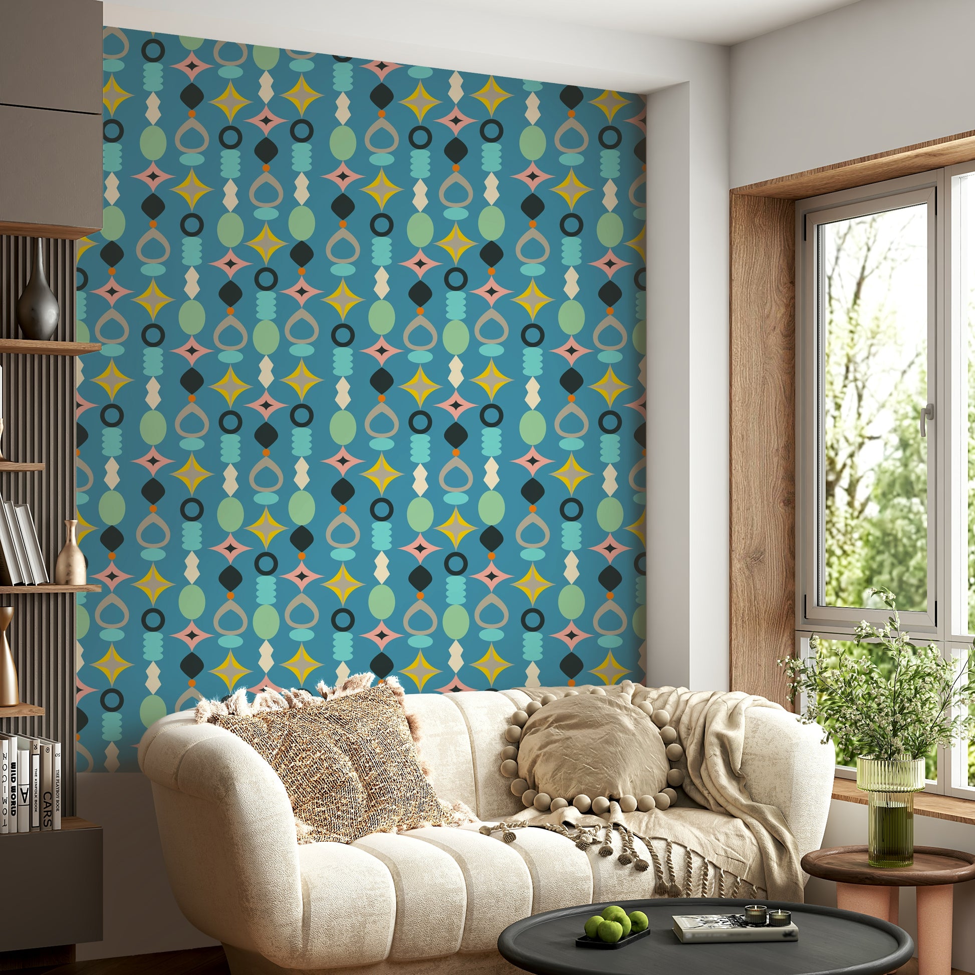 Mid-century modern wallpaper with playful geometric forms on blue.

