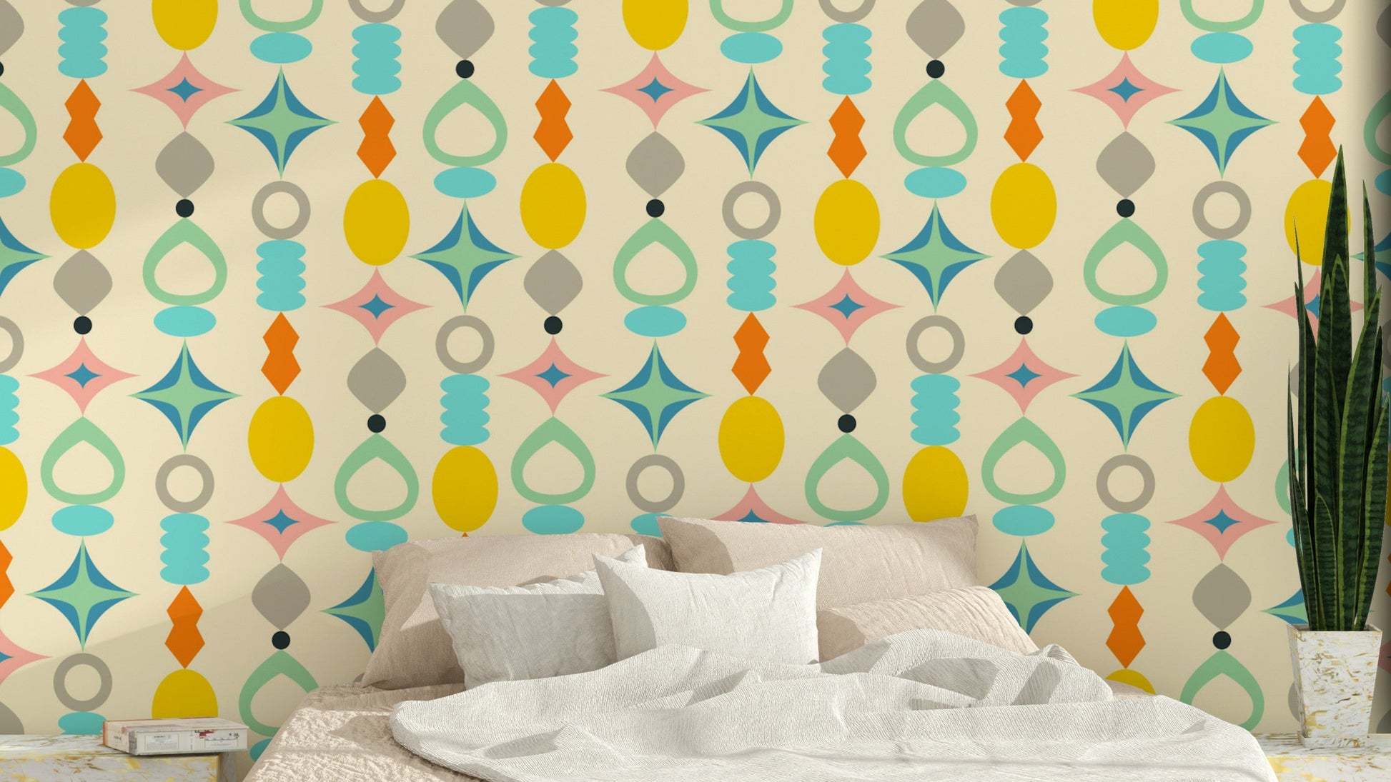 Mid-century modern wallpaper with colorful abstract shapes and a neutral cream base.

