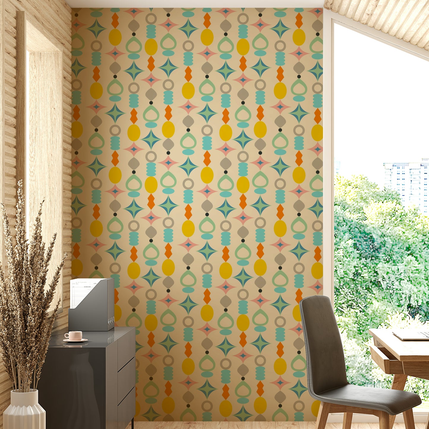 Suncatchers Retro Mid-Century Modern Abstract Shapes on Cream Wallpaper with vibrant geometric designs.

