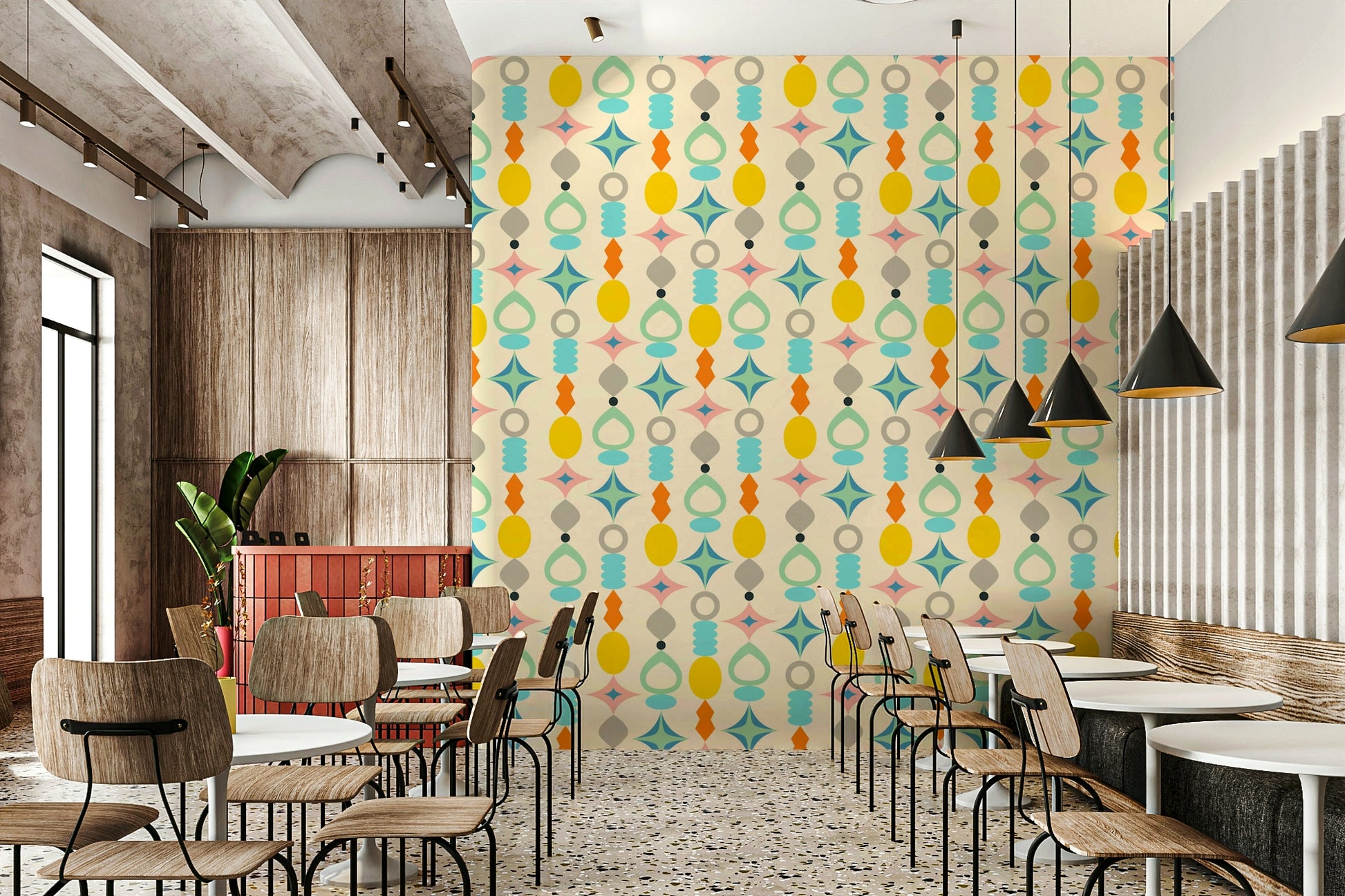 Cream-colored wallpaper with colorful geometric shapes in retro design.

