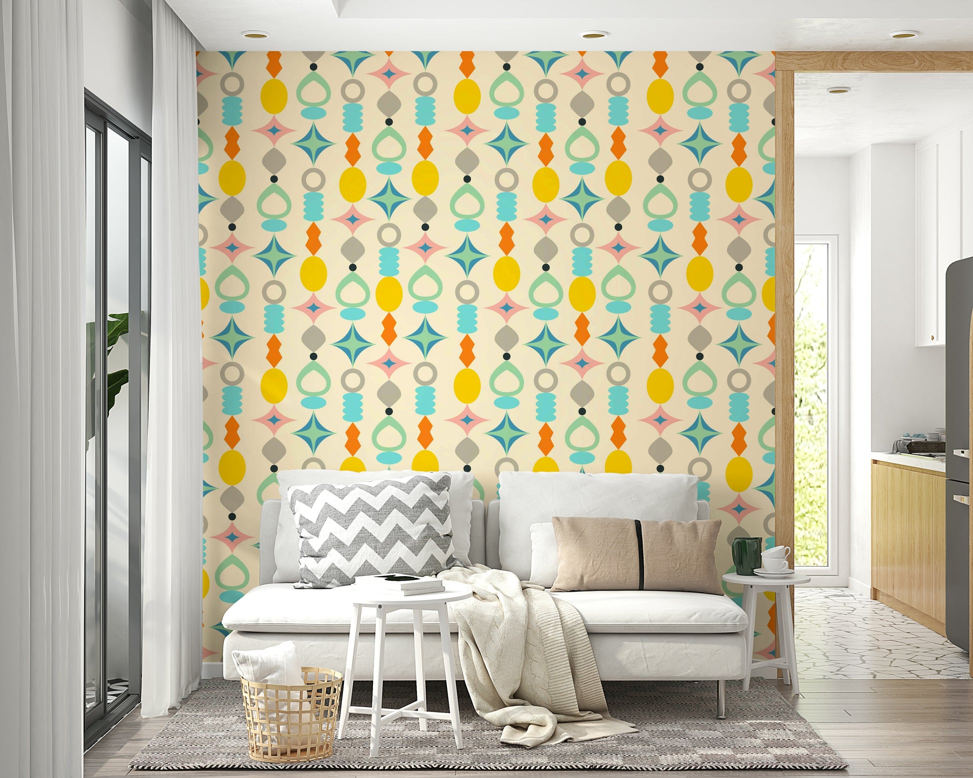 Wallpaper with mid-century modern suncatcher-inspired shapes in cream tones.

