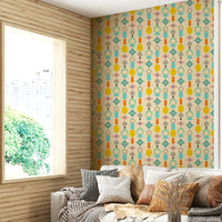 Retro wallpaper with playful, artistic shapes in bright colors on cream.

