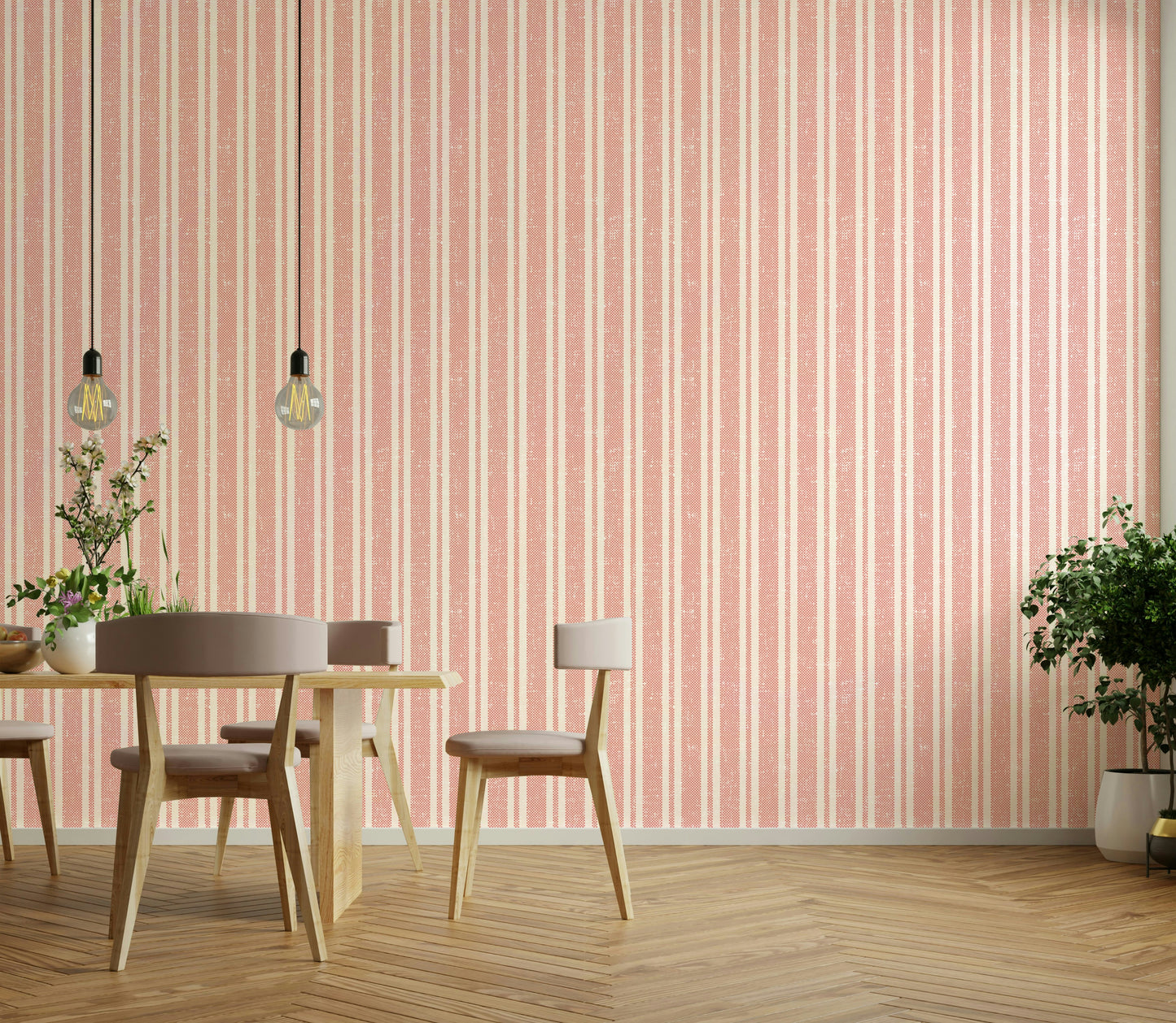 Bold red and white striped wallpaper design

