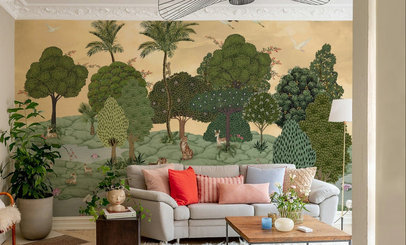 Wall decor showing a tranquil forest view

