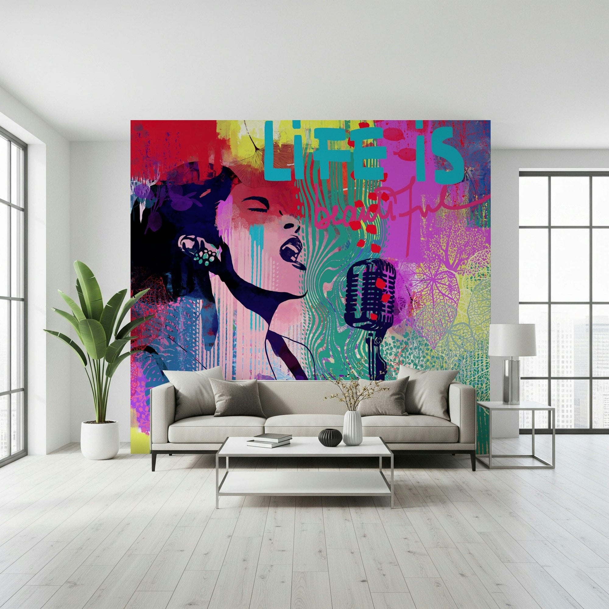 Sunday Blues wallpaper mural of a colorful singing woman and microphone behind a grey sofa in a bright minimalist living room