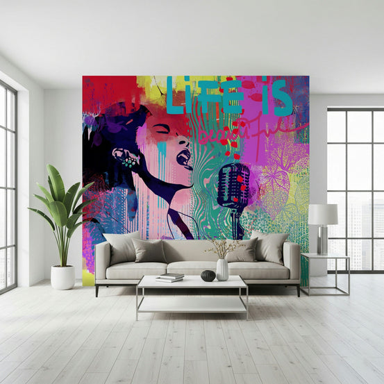 Sunday Blues wallpaper mural of a colorful singing woman and microphone behind a grey sofa in a bright minimalist living room