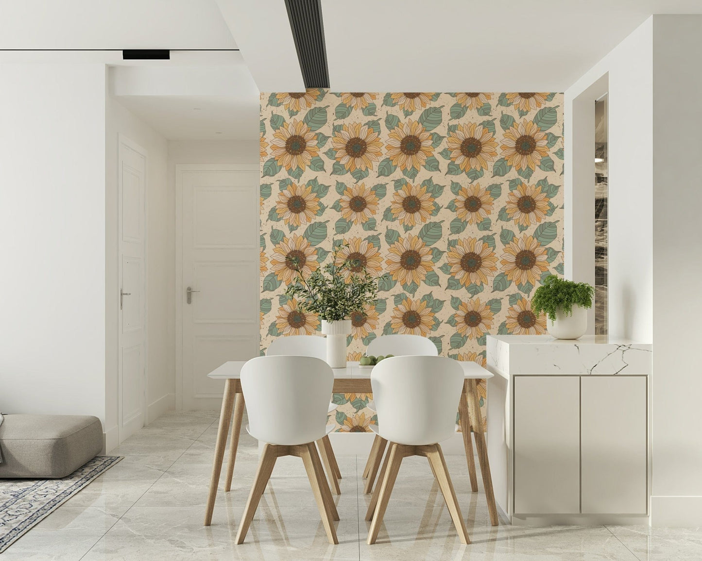 Vintage sunflower wallpaper mural with warm-toned flowers and subtle botanical accents.
