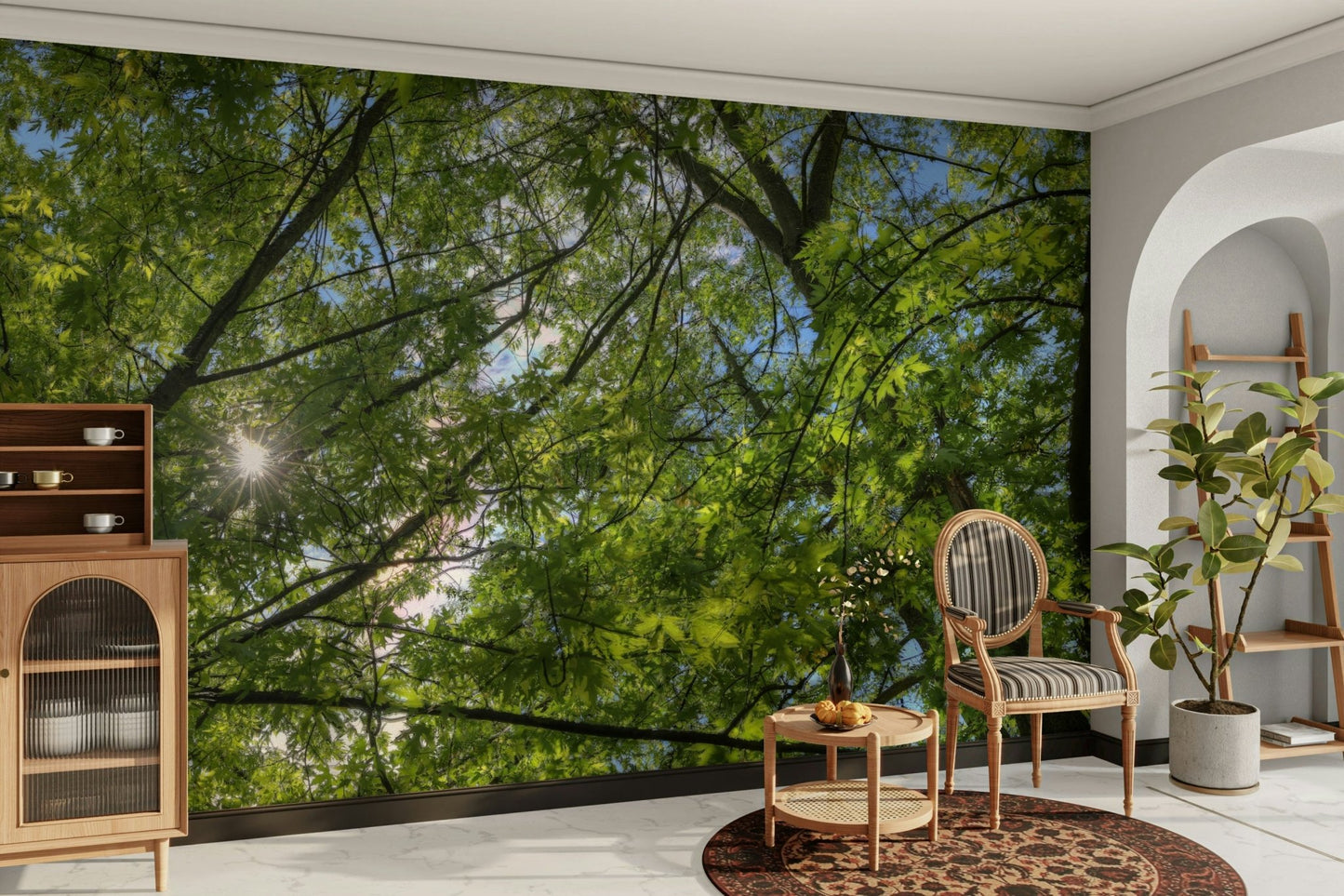 Dappled sunlight filtering through foliage.

