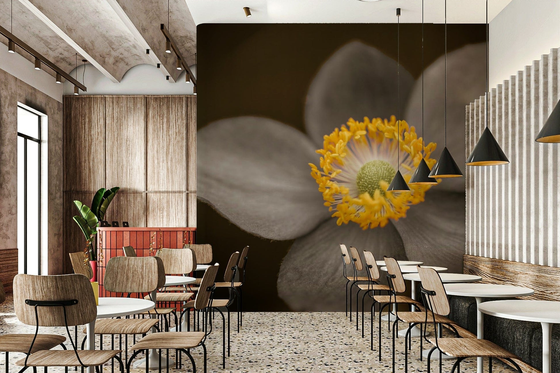 Soft grey petals wall mural with yellow center