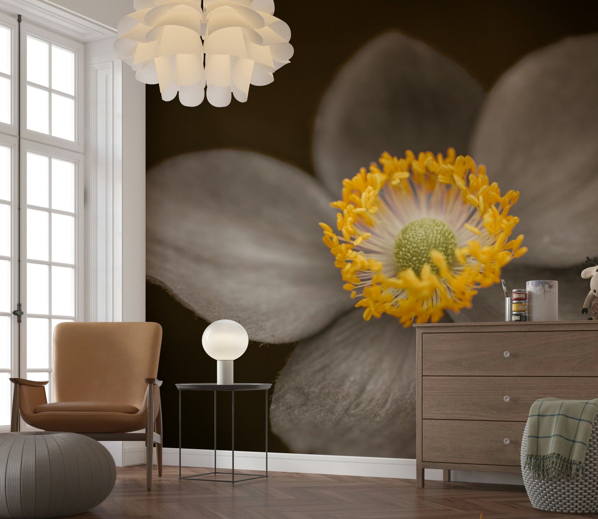 Minimal bloom wall mural in muted tones