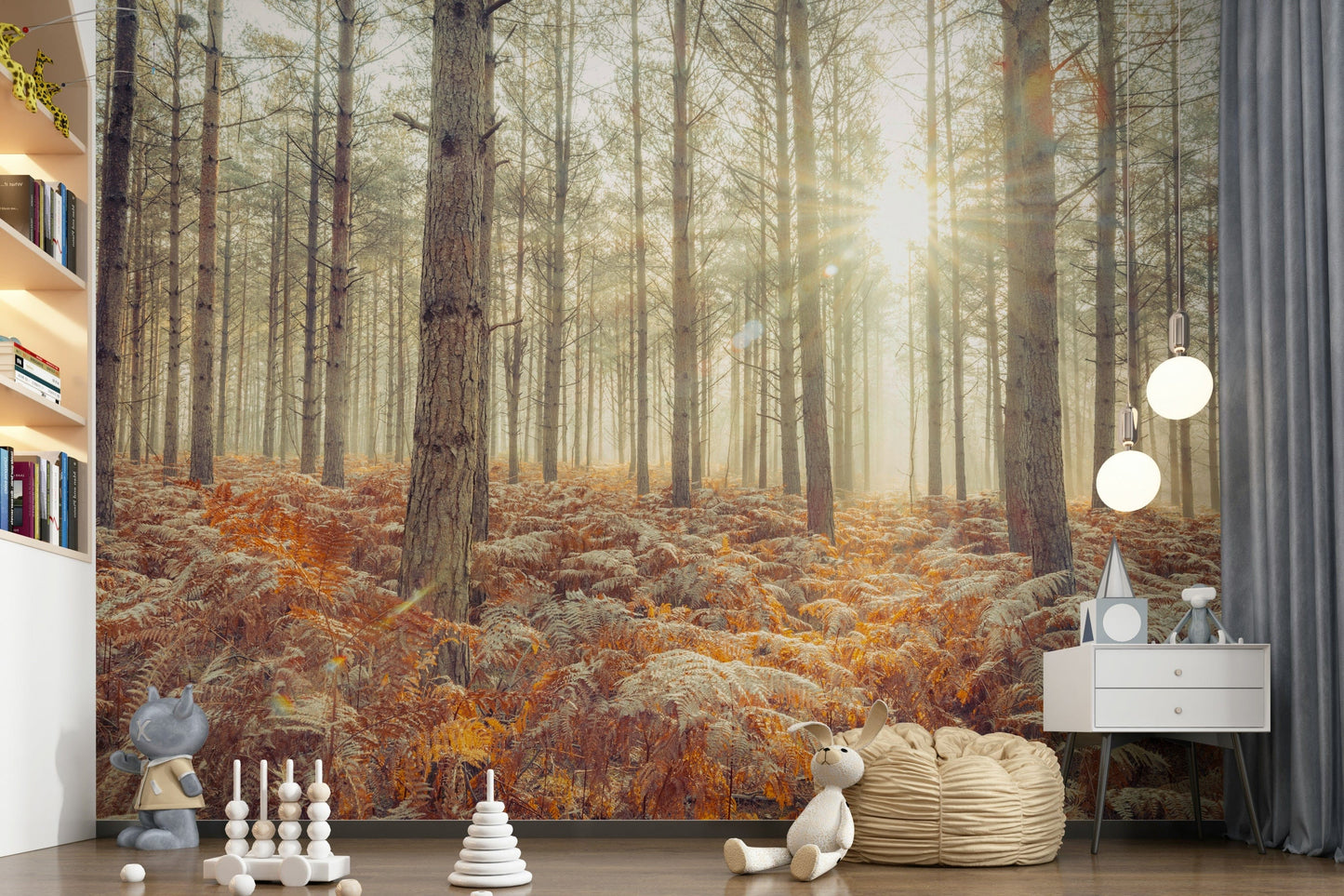 Woodland landscape wall decor behind a light wood office desk.